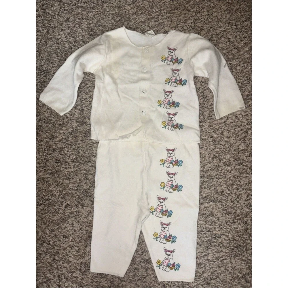 Vintage Bunny Easter Baby 2 Piece Set 3-6 Months Snap Hong Kong Pajama Pj 1980